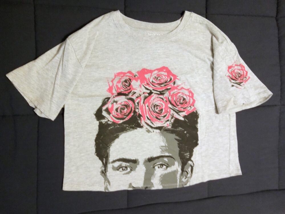 Frida Kahlo x Love Tribe Graphic Crop Top Pink Roses Floral Folk Artist SZ XL